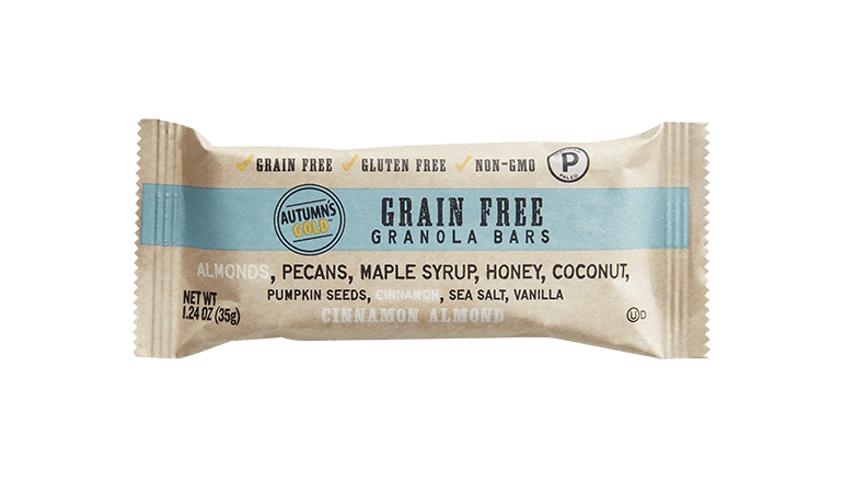 Autumn's Gold grain-free granola bar in cinnamon almond, front of bar