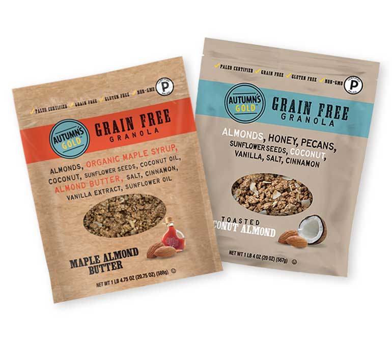 2 bags of Autumn's Gold Maple Almond Butter and Toasted Coconut Almond granola, front of pack