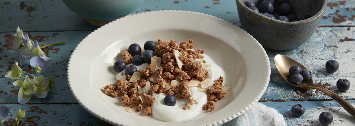 A bowl of Autumn's Gold toasted Coconut Almond Grain-Free granola in a bowl with yogurt and blueberries